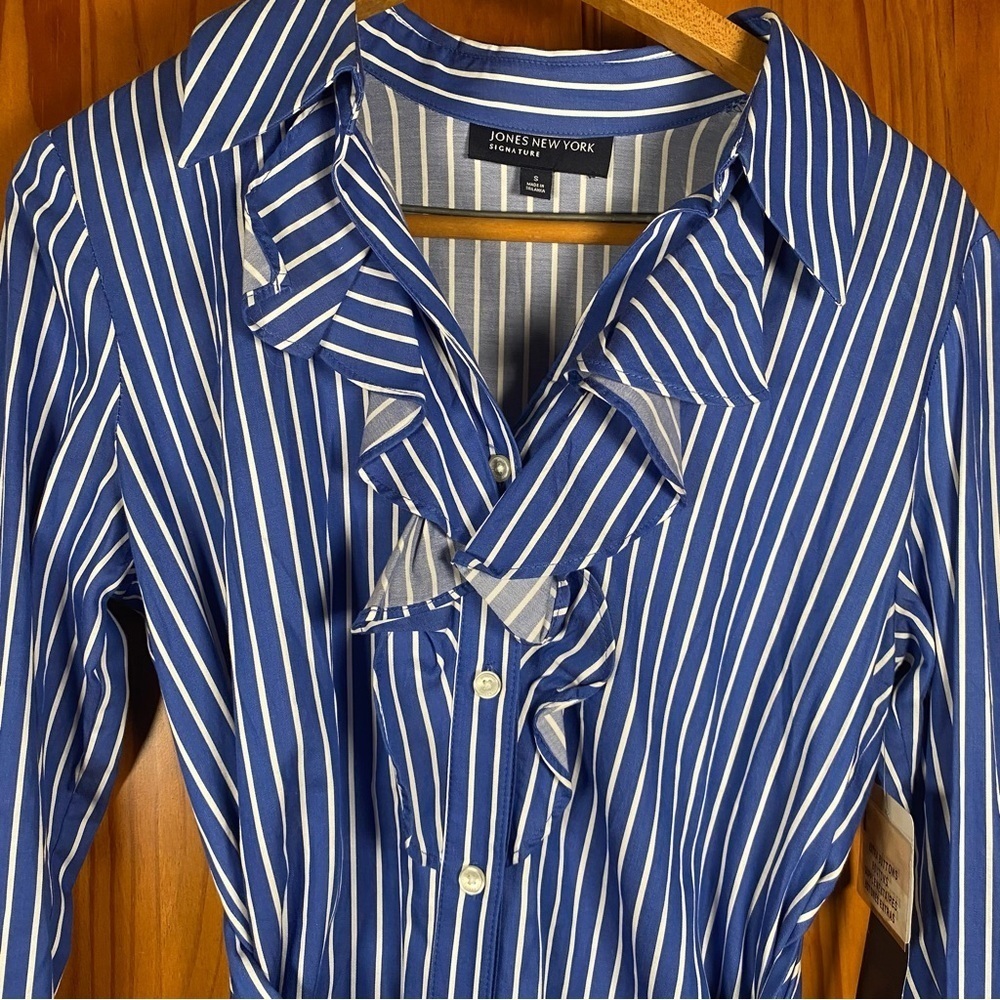 NWT Jones New York Signature Striped Ruffle Blouse with Cinching Waist Tie - Picture 3 of 8